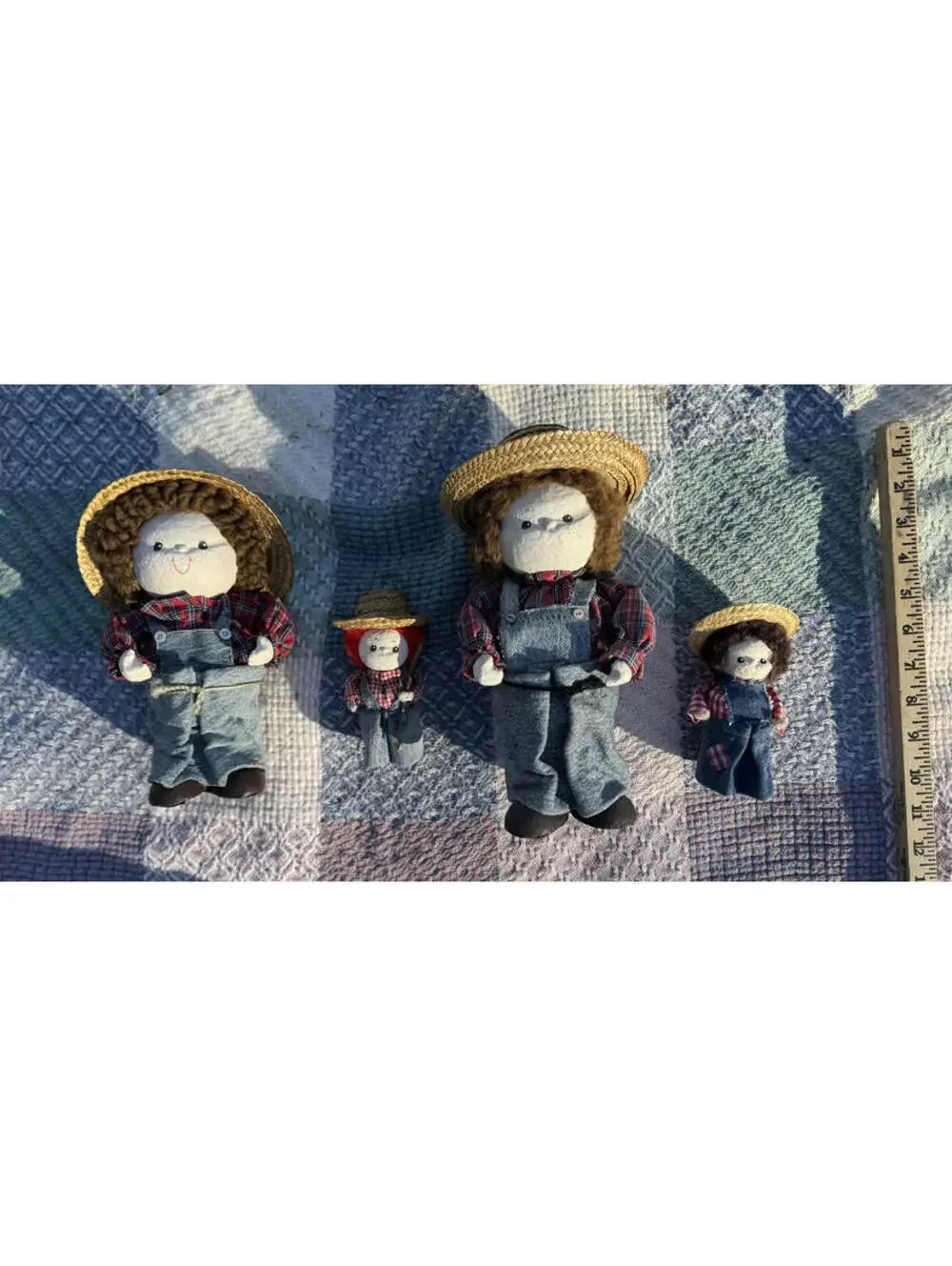 Vintage Set of Four Handmade Farmer Dolls with Straw Hats and Denim Overalls